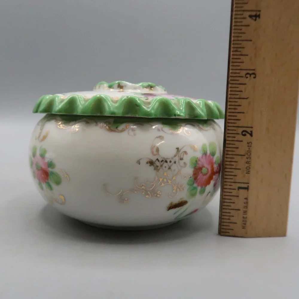 Nippon Hair Receiver Floral White Hand Painted Porcelain Green Trim Granny Core